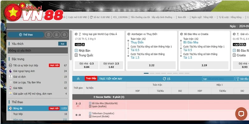 Giao diện thể thao VN88 có trải nghiệm tốt