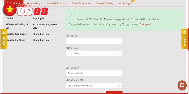 VN88 hỗ trợ quy trình gửi tiền nhanh chóng và tiện lợi